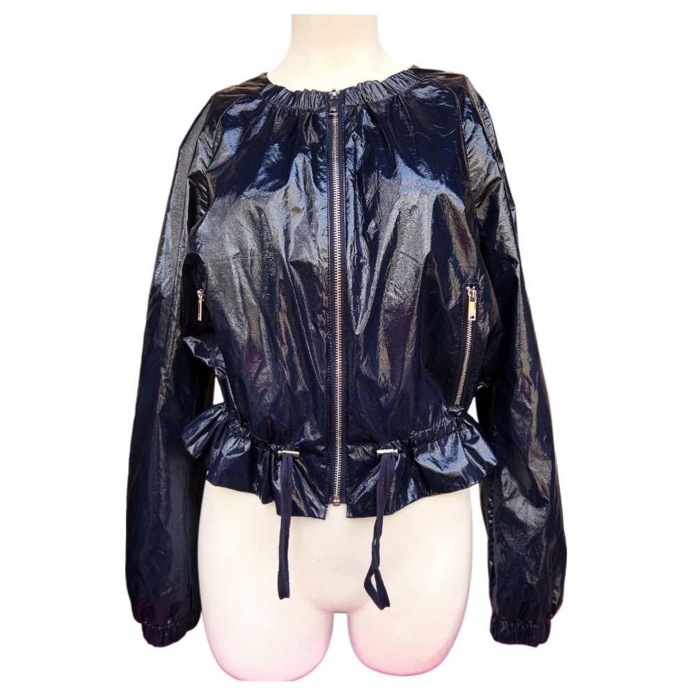 DKNY Blue Faux‑Leather Drawstring Bomber Jacket XS NWT Lightweight Chic